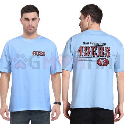 Front view of the NFL Classics 49ers T-Shirt displaying vintage San Francisco football helmet graphics printed across the chest. - dogmomhat
