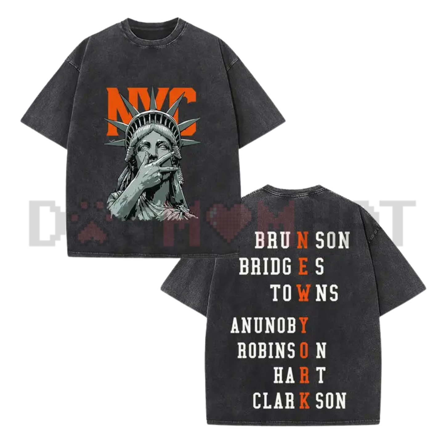 Front view of the New York Basketball Style 2-Side Graphic T-Shirt showing the vibrant orange letter print - dogmomhat