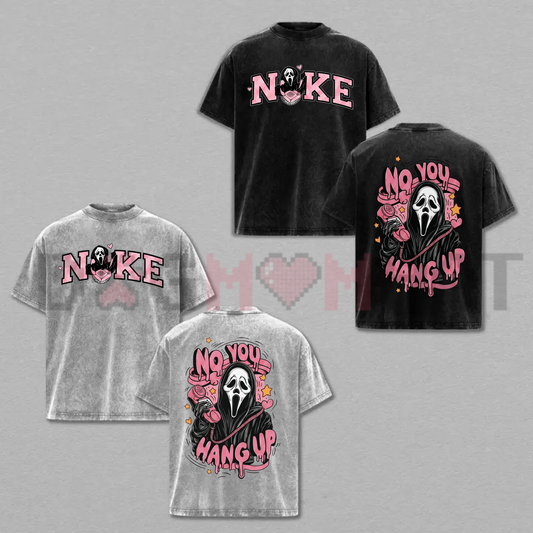 Front view of the "No You Hang Up" Vintage Acid Wash T-Shirt displaying the creepy cute ghost on a telephone printed across the chest of a mineral-washed tee. - dogmomhat