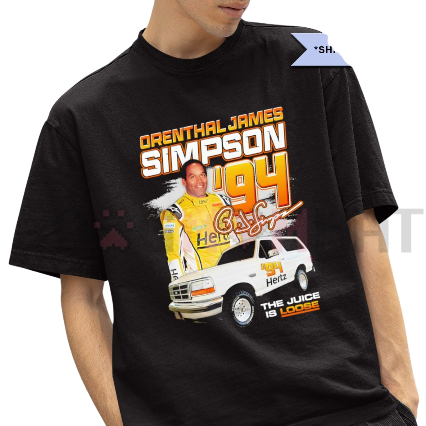 Front view of the OJ Simpson 94 Vintage Graphic T-Shirt showing the retro true-crime media print - dogmomhat
