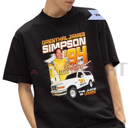 Front view of the OJ Simpson 94 Vintage Graphic T-Shirt showing the retro true-crime media print - dogmomhat