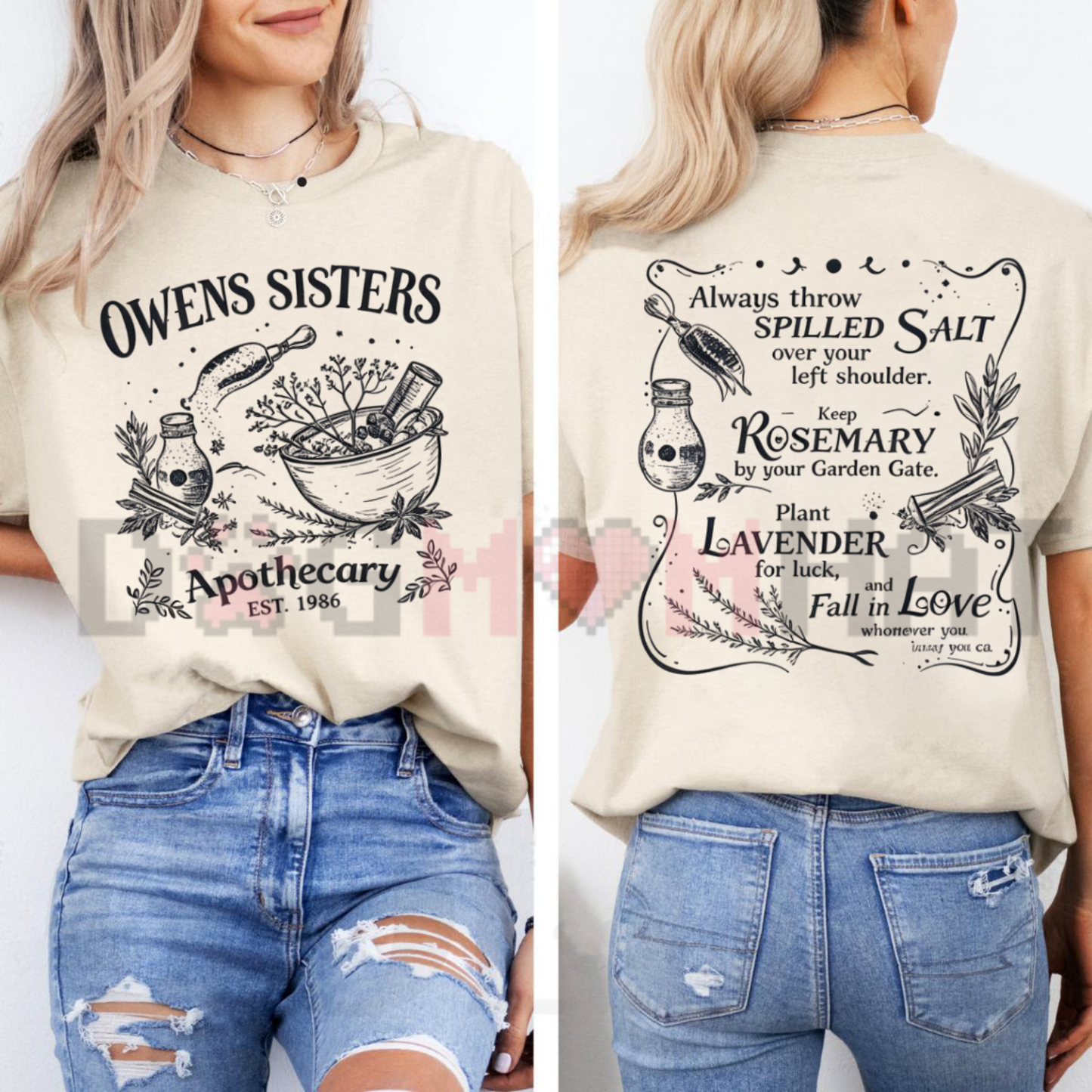 Front view of the Owens Sisters Apothecary 1986 T-Shirt displaying the vintage botanical herb graphic printed across the chest. - dogmomhat