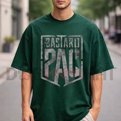 Front view of the PAC The Bastard T-Shirt displaying wrestler silhouette art and aggressive ring typography printed across the chest. - dogmomhat
