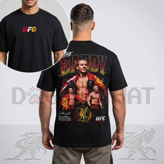 Front view of the Paddy "The Baddy" Pimblett UFC Heavy Cotton Shirt showing the high-definition DTG fighter graphic design - dogmomhat