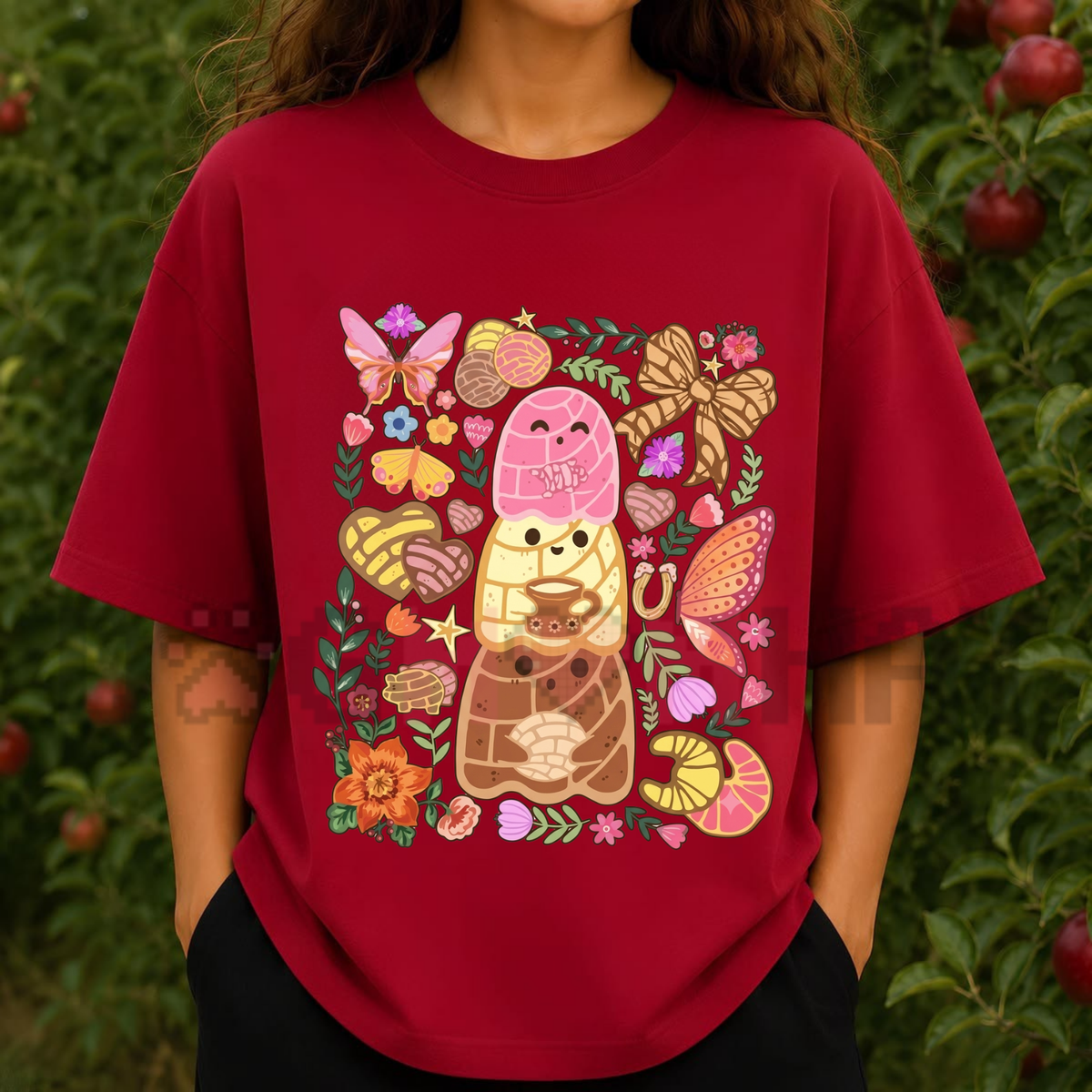 Front view of the Pan-tasmas Ghost Mexican Conchas T-Shirt displaying cute pan dulce concha ghost artwork printed across the chest. - dogmomhat