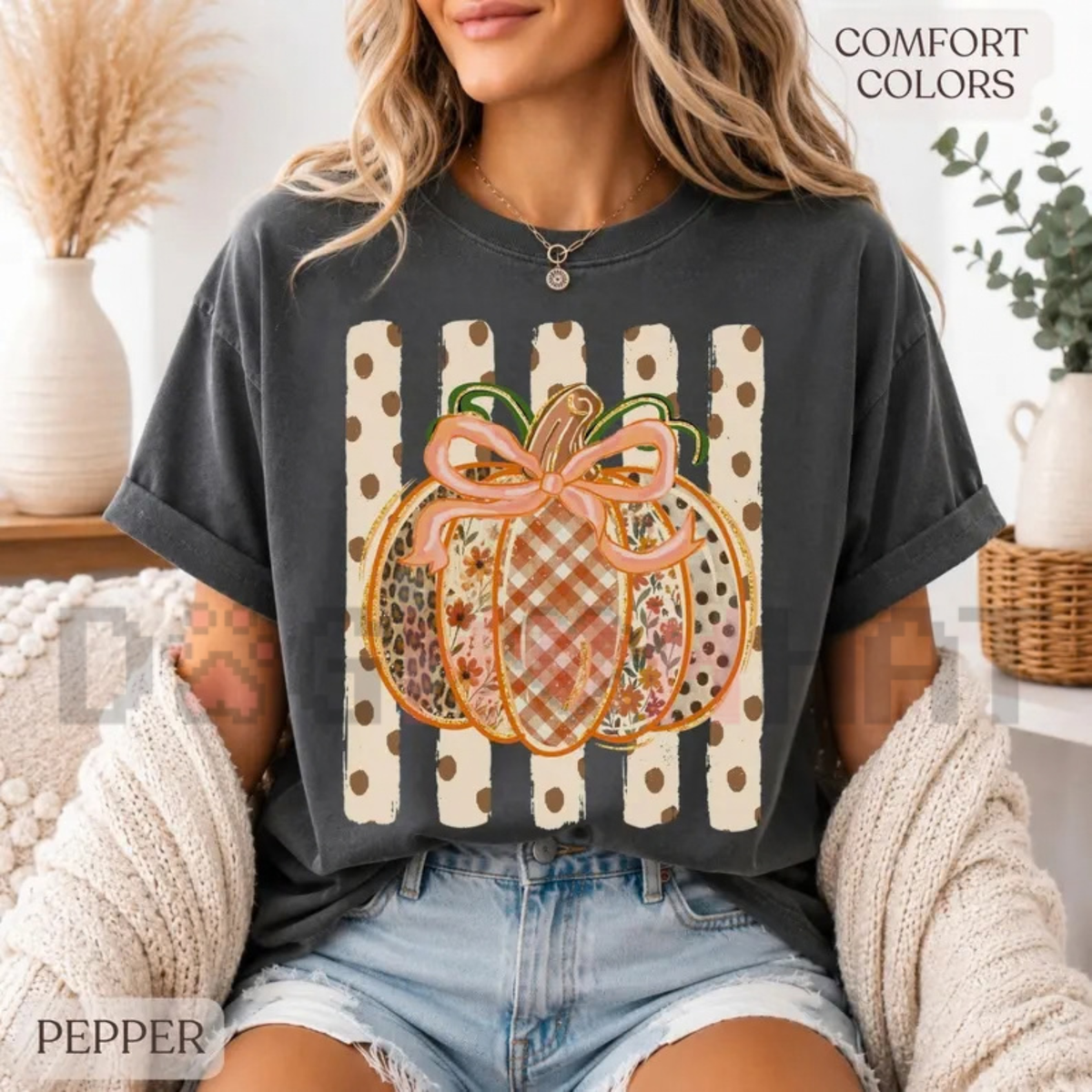 Front view of the Patchwork Pumpkin T-Shirt displaying cute patterned fall pumpkin graphic printed across the chest. - dogmomhat