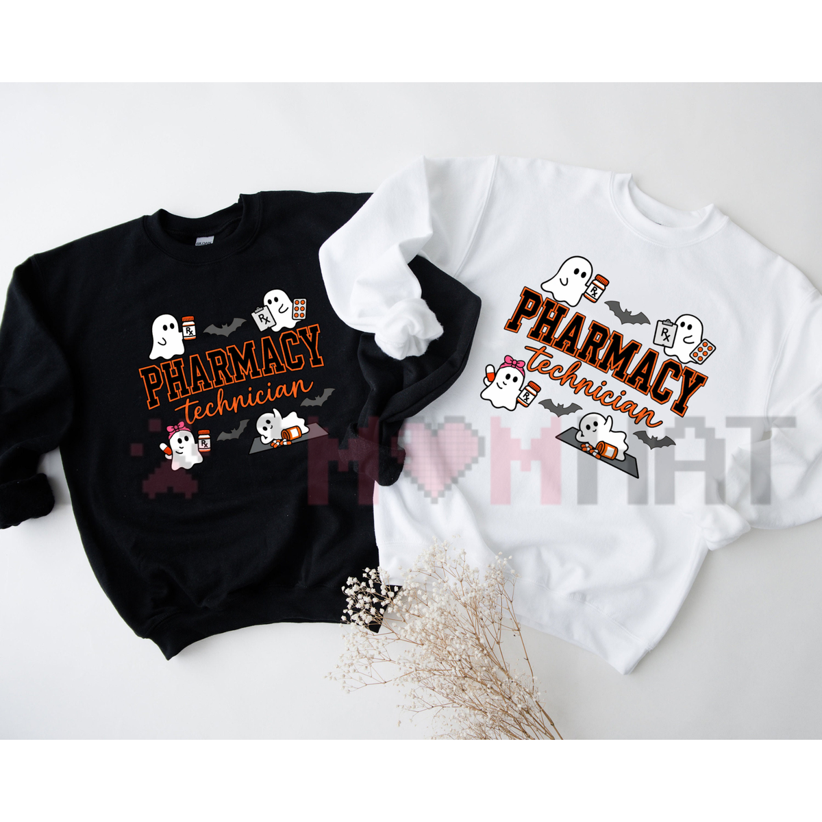 Front view of the Pharmacy Technician Halloween Sweatshirt displaying cute spooky ghosts holding prescription bottles printed across the chest. - dogmomhat