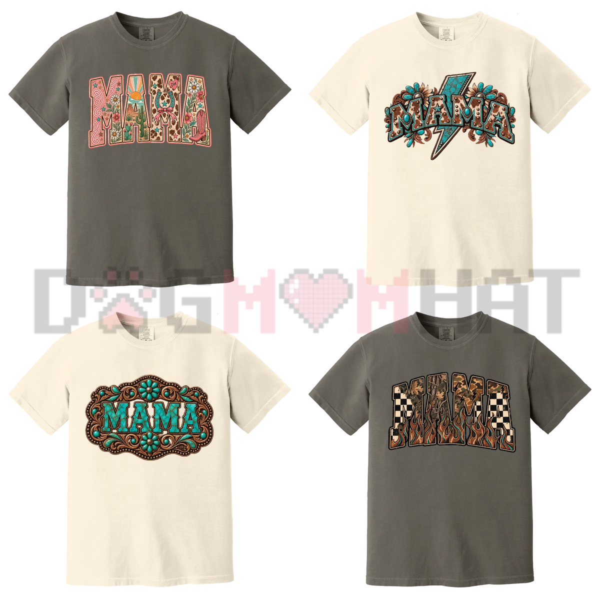 Front view of the Pick Your MAMA Print T-Shirt displaying western MAMA block typography printed across the chest of a casual cotton tee. - dogmomhat
