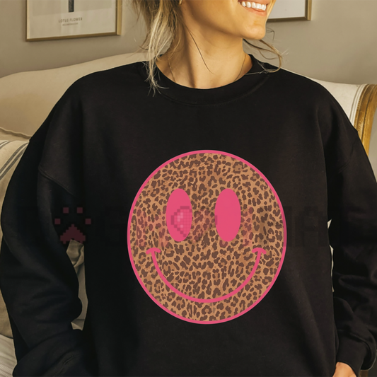 Front view of the Pink Cheetah Smiley Graphic Sweatshirt displaying hot pink leopard print smile face graphic across the chest. - dogmomhat