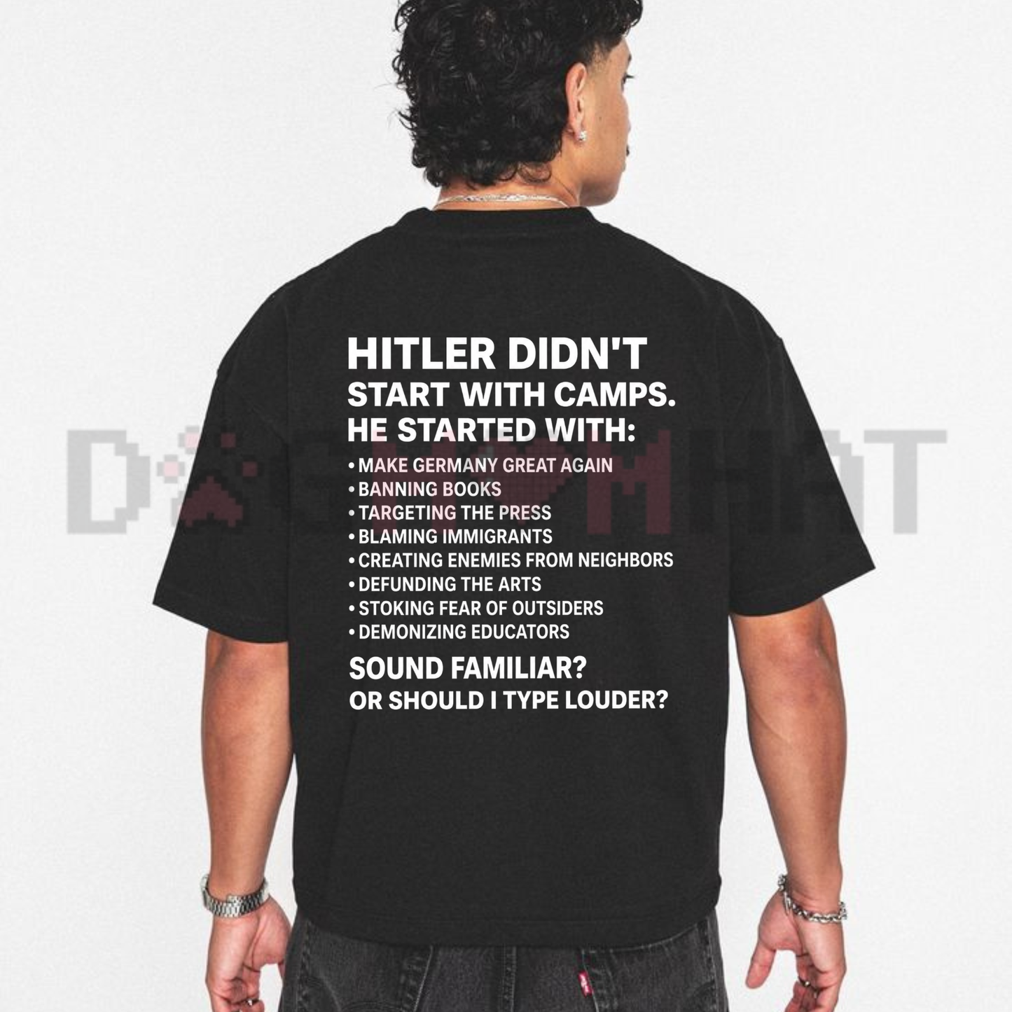 Front view of the Power & Propaganda Statement Shirt showing the edgy dystopian industrial design - dogmomhat
