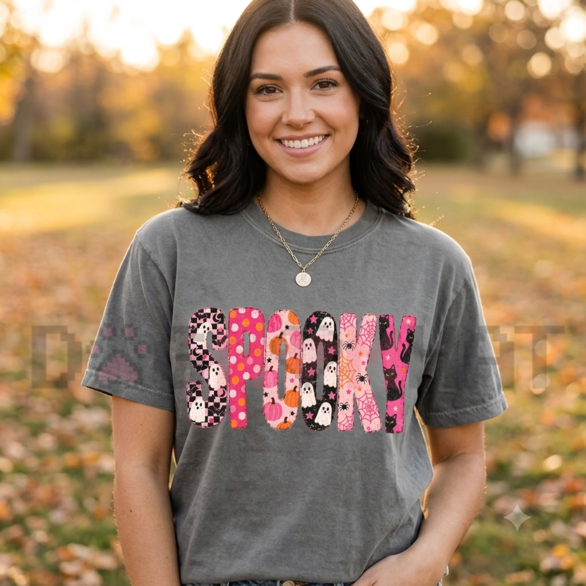 Front view of the Preppy Spooky T-Shirt displaying retro varsity typography, polka dots, and ghost graphics printed across the chest. - dogmomhat