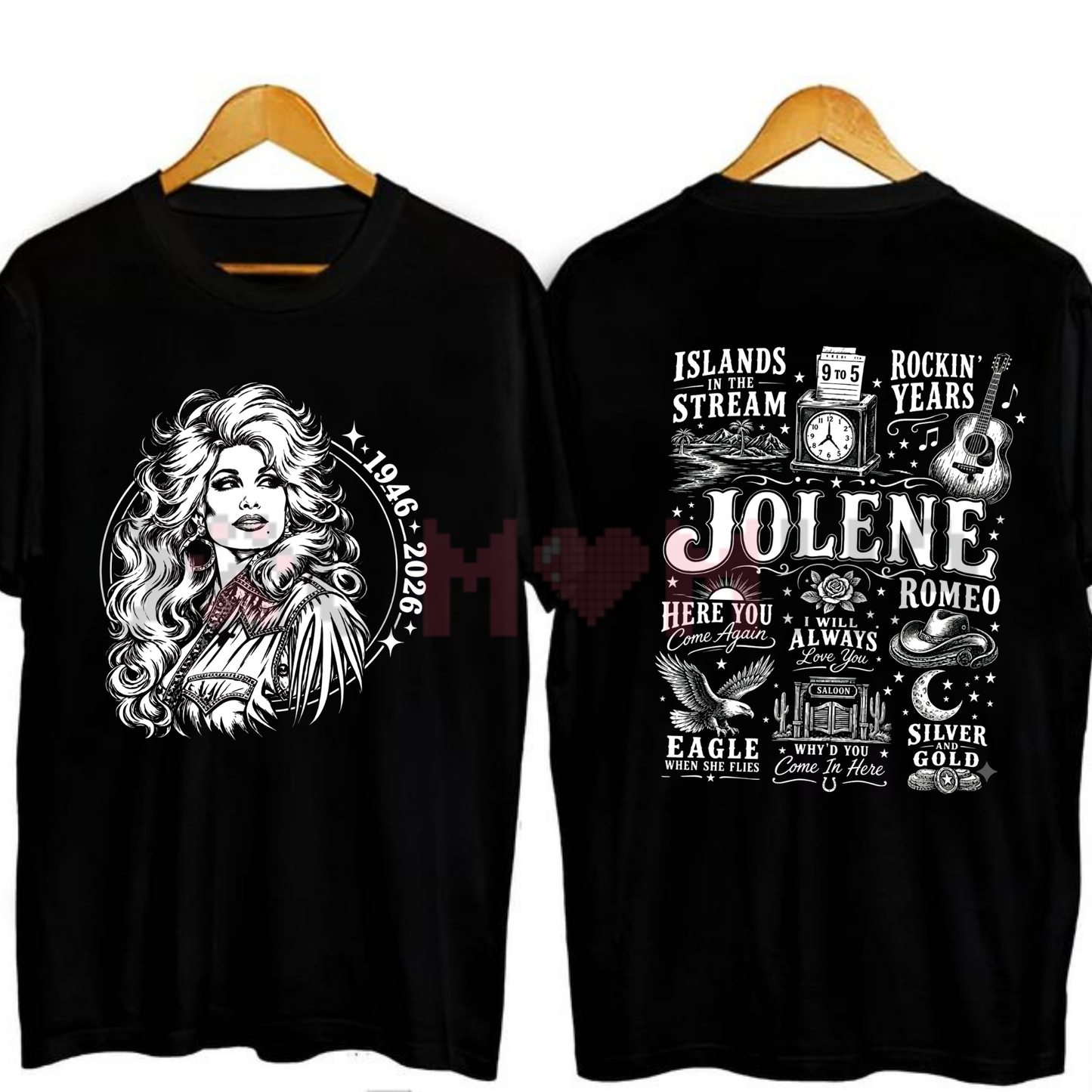 Front view of the Queen of Country Tribute T-Shirt displaying the vintage Dolly legend graphic printed across the chest. - dogmomhat