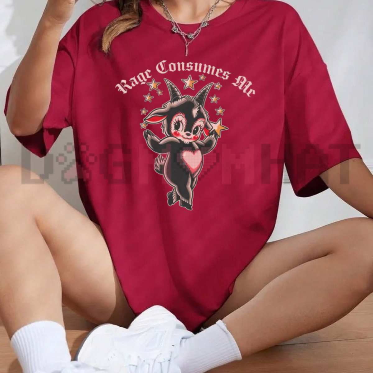 Front view of the Rage Consumes Me Black Goat T-Shirt displaying traditional tattoo goat and banner graphics across the chest of a cotton crewneck tee. - dogmomhat