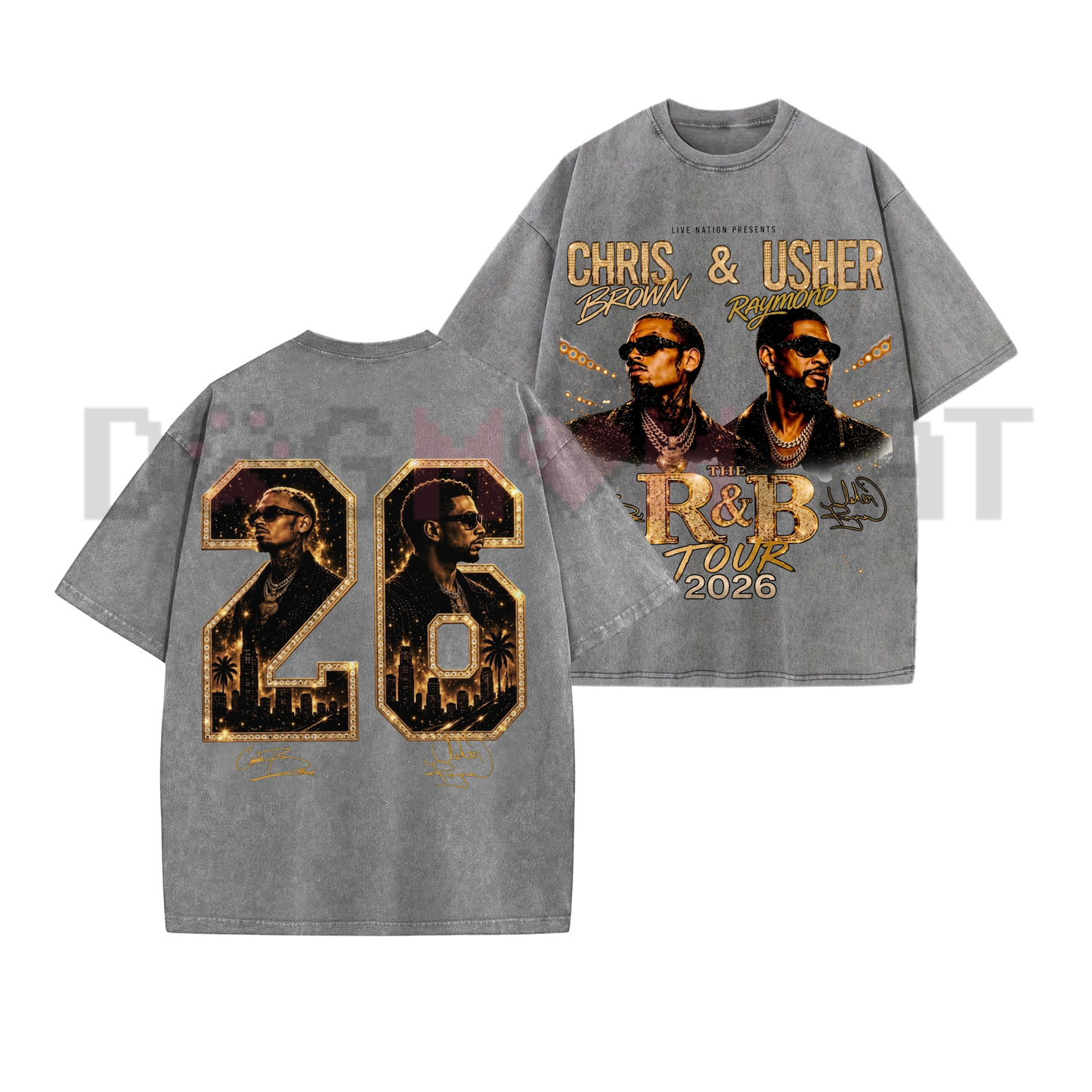 Front view of the Raymond & Brown The R&B Tour 2026 V36 T-Shirt showing the vintage music duo design on premium acid-washed charcoal fabric - dogmomhat