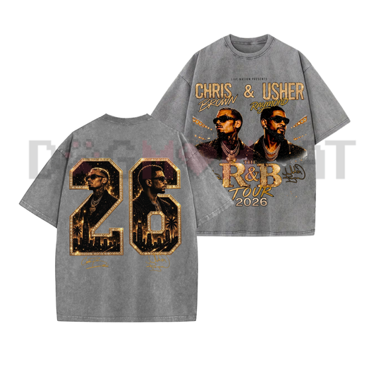 Front view of the Raymond & Brown The R&B Tour 2026 V36 T-Shirt showing the vintage music duo design on premium acid-washed charcoal fabric - dogmomhat