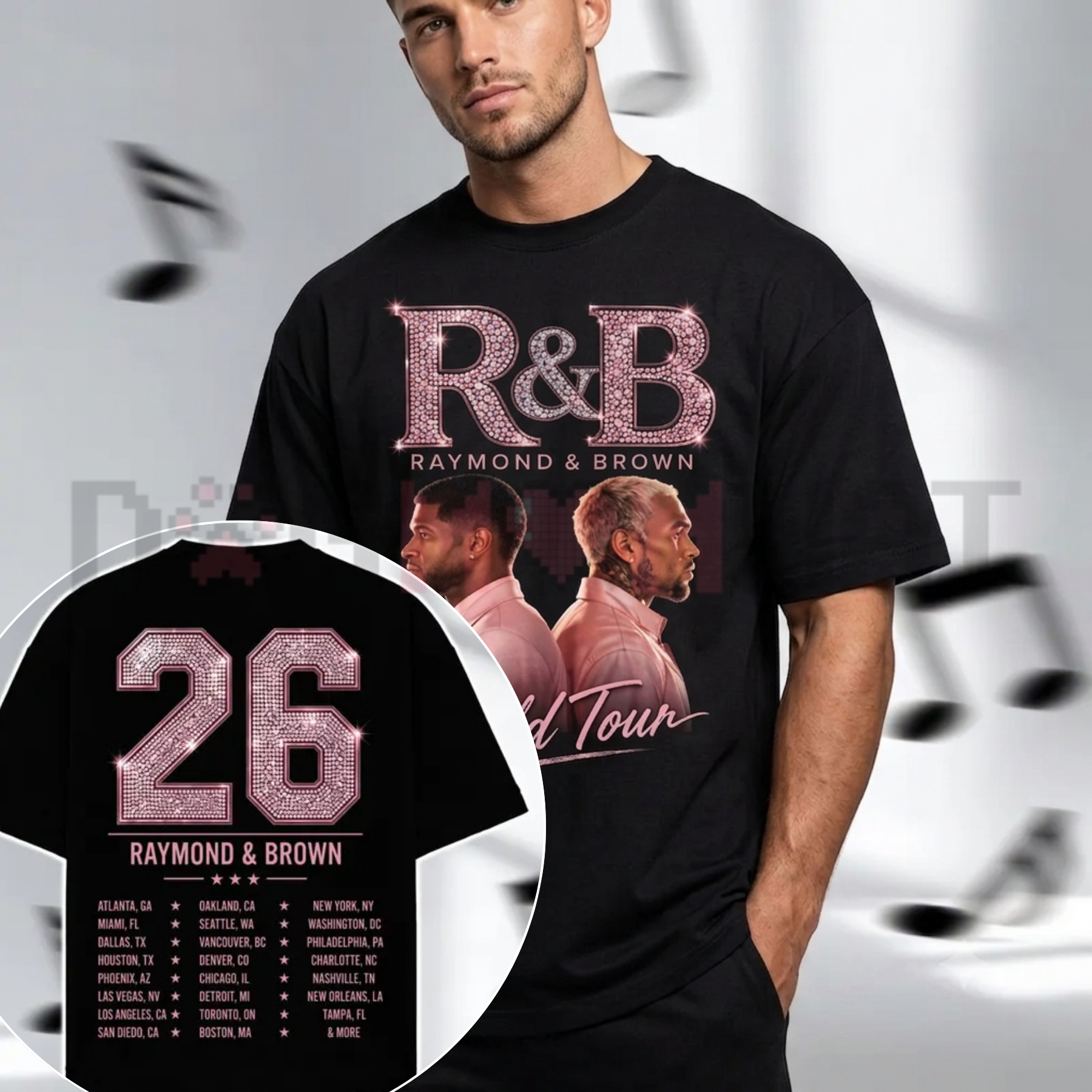 Front view of the Raymond & Brown World Tour 2026 T-Shirt showing the pink bling graphic design - dogmomhat