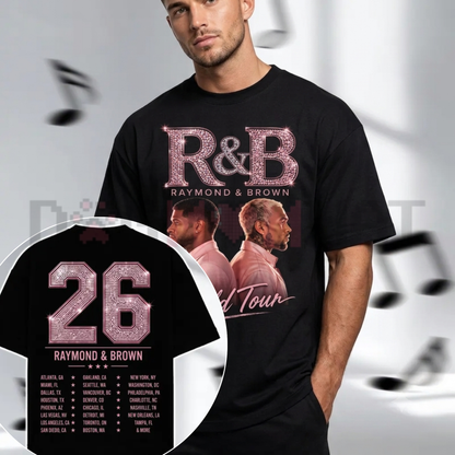 Front view of the Raymond & Brown World Tour 2026 T-Shirt showing the pink bling graphic design - dogmomhat