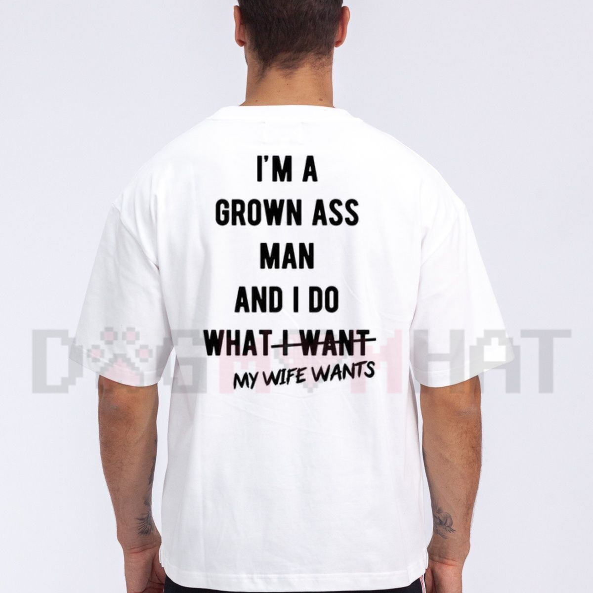 Front view of the Real Man Listens To Wife T-Shirt displaying bold marriage humor quote typography printed across the chest. - dogmomhat