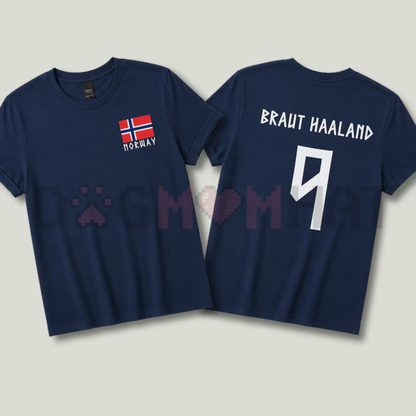 Front view of the Retro Haaland 9 Norway Soccer Unisex Tee showing the vintage football graphic design - dogmomhat