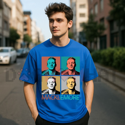 Front view of the Retro Pop Art Macklemore Bold Moves T-Shirt displaying colorful pop art graphic artwork printed across the chest. - dogmomhat