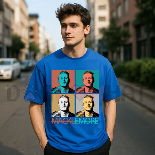Front view of the Retro Pop Art Macklemore Bold Moves T-Shirt displaying colorful pop art graphic artwork printed across the chest. - dogmomhat