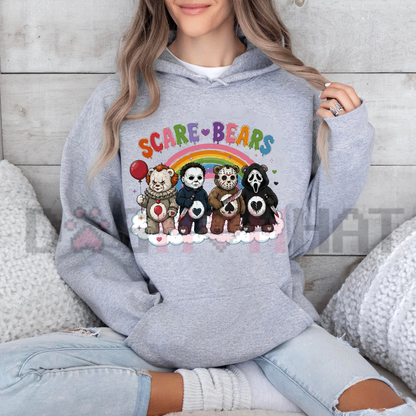 Front view of the Scare Bears Cute Halloween Graphic Hoodie displaying festive bear monster graphics printed across the chest. - hoodie