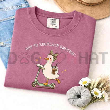 Front view of the Silly Goose Therapist Comfort Colors T-Shirt showing the "Off To Regulate Emotions" graphic printed across the chest. - dogmomhat