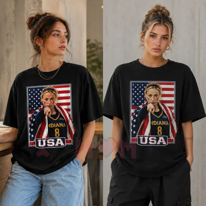Front view of the Sophie Cunningham USA Pride Graphic Tee showing the patriotic basketball design - dogmomhat