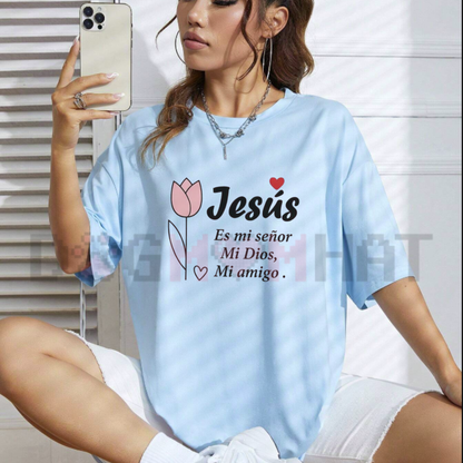 Front view of the Spanish Christian Floral Faith Graphic Tee showing the elegant colorful flower design and religious script - dogmomhat