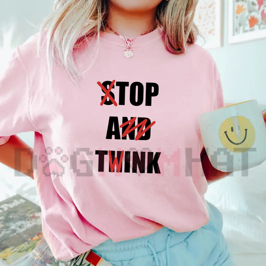 Front view of the Stop and Think T-Shirt displaying caution sign icon and sarcastic quote typography printed across the chest. - dogmomhat