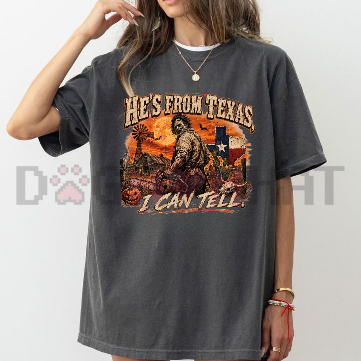 Front view of the Summerween Retro Horror T-Shirt displaying tropical jack-o-lantern and 80s slasher typography printed across the chest. - dogmomhat
