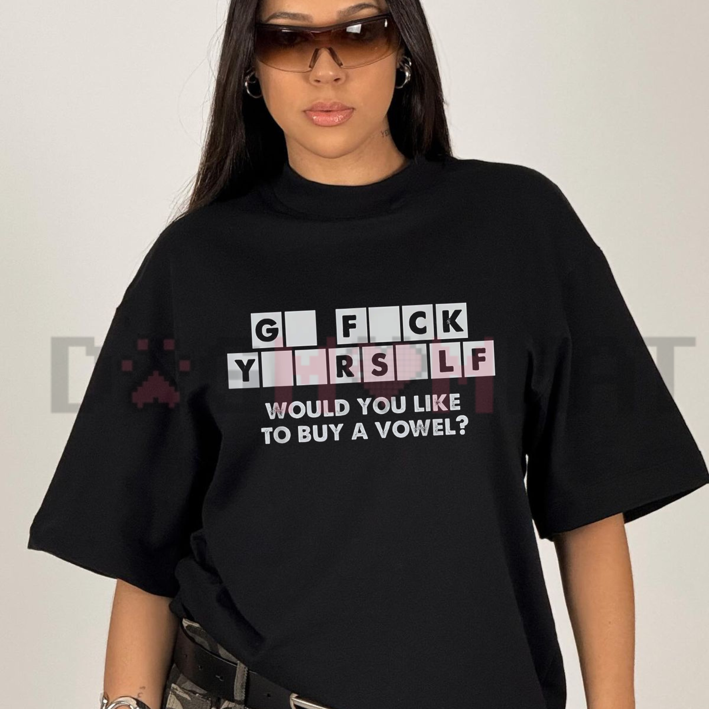 Front view of the T-Shirt showing the funny "Would You Like To Buy A Vowel?" sarcastic quote printed across the chest - dogmomhat