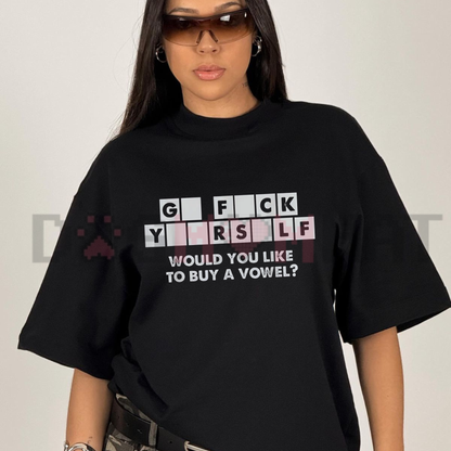 Front view of the T-Shirt showing the funny "Would You Like To Buy A Vowel?" sarcastic quote printed across the chest - dogmomhat