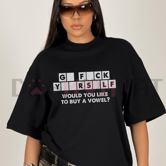 Front view of the T-Shirt showing the funny "Would You Like To Buy A Vowel?" sarcastic quote printed across the chest - dogmomhat