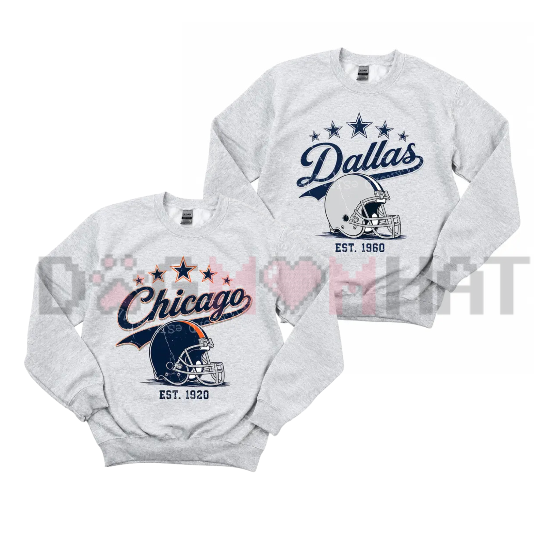 Front view of the Team Football Ash Grey Crewneck Sweatshirt showing the retro 1960s athletic football graphic printed across the chest - dogmomhat
