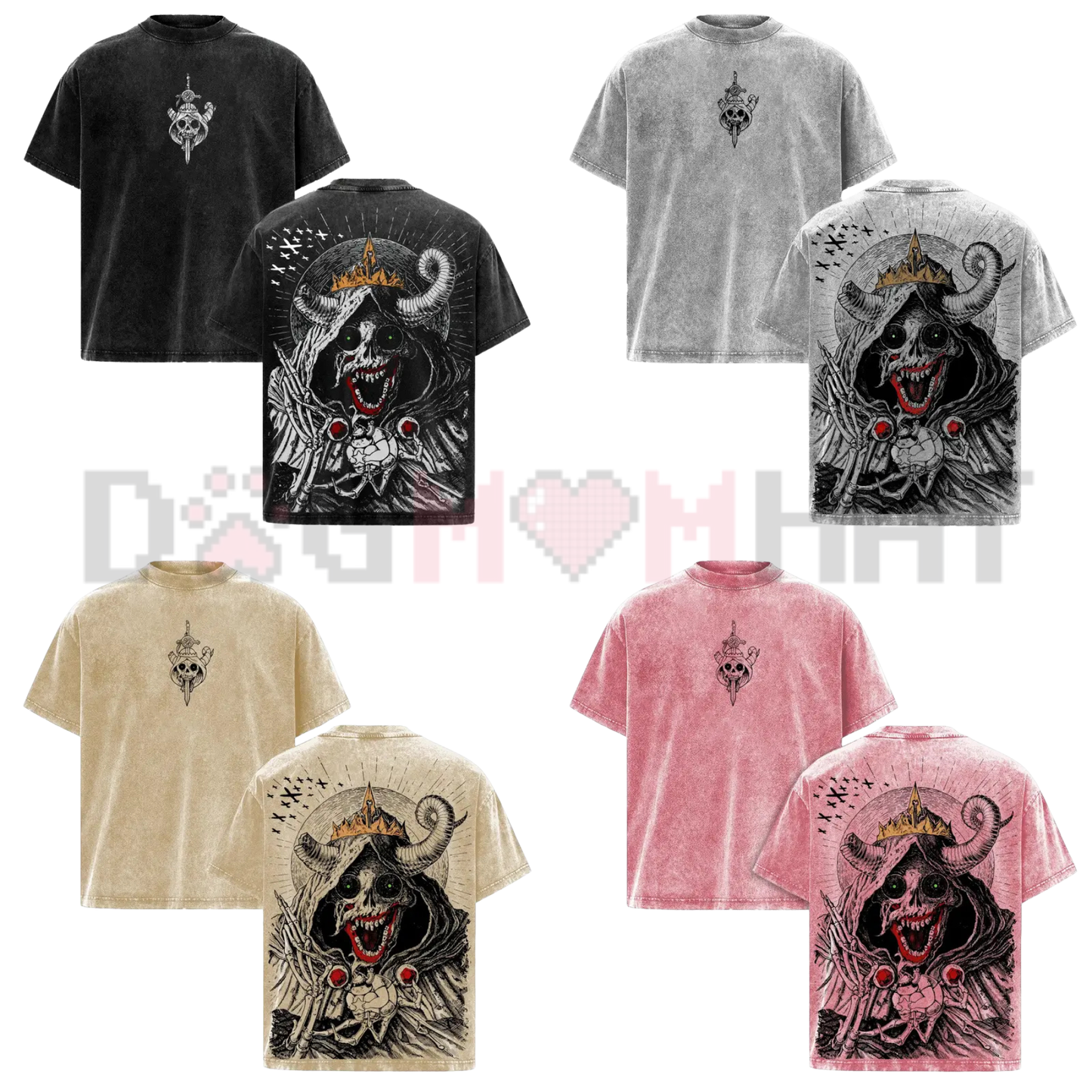 Front view of the The Lich Adventure Time Vintage Washed Oversized Heavy Cotton T-Shirt showing the dark fantasy skull demon graphic - dogmomhat