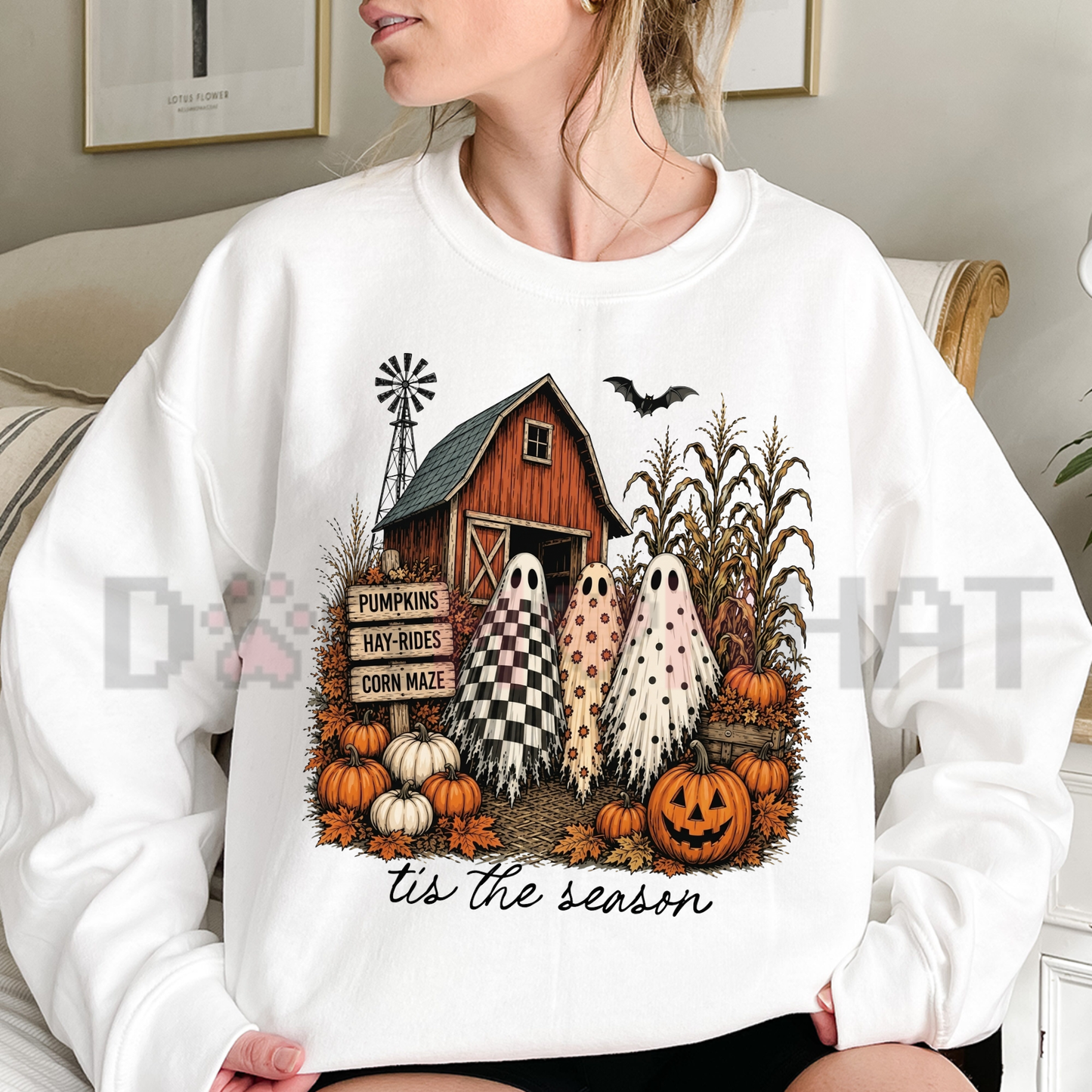 Front view of the Tis The Season Ghost Trio Sweatshirt showing the checkered, floral, and polka dot ghosts graphic design - dogmomhat