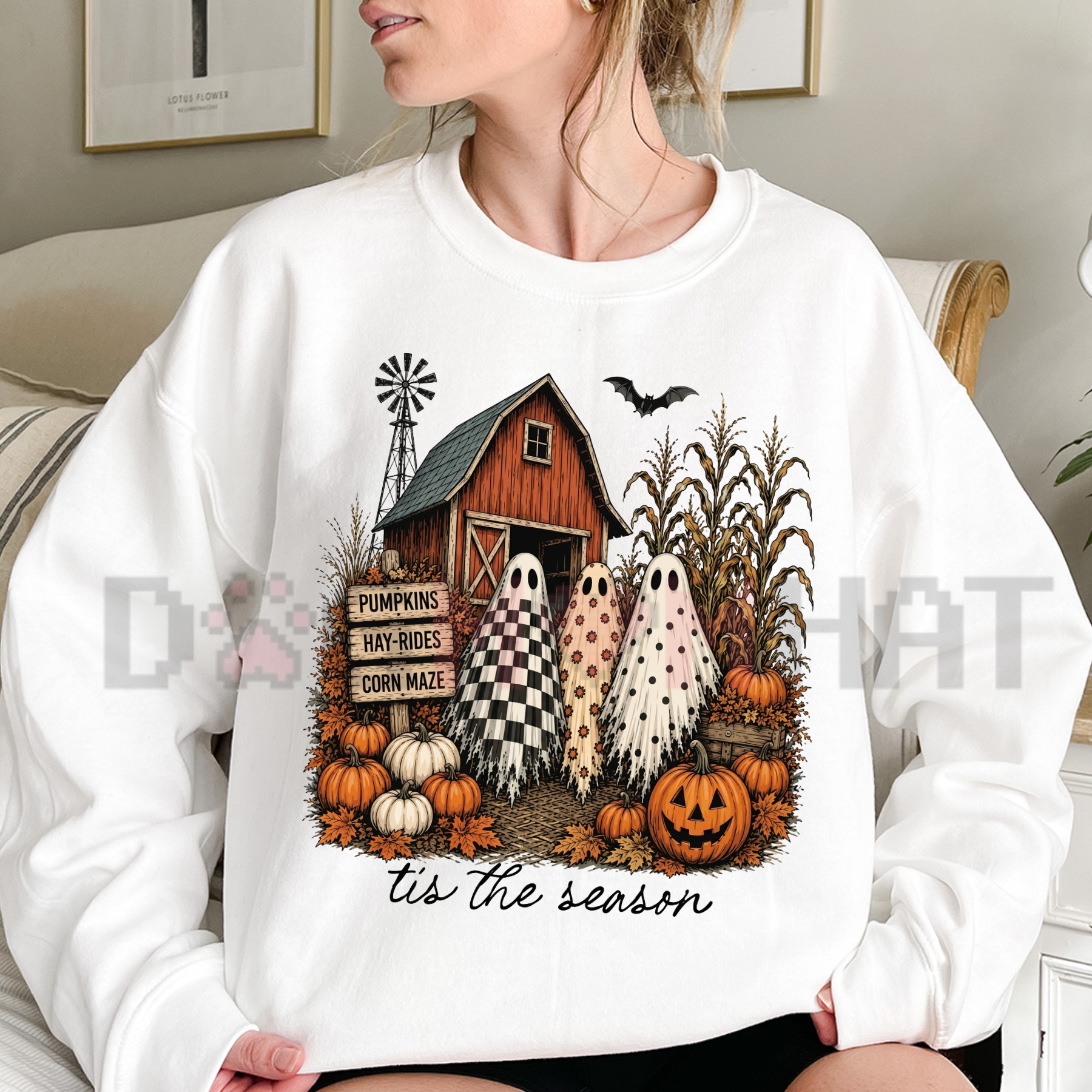 Front view of the Tis The Season Ghost Trio Sweatshirt showing the checkered, floral, and polka dot ghosts graphic design - dogmomhat