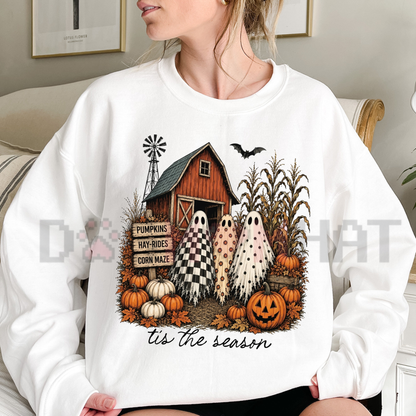 Front view of the Tis The Season Ghost Trio Sweatshirt showing the checkered, floral, and polka dot ghosts graphic design - dogmomhat