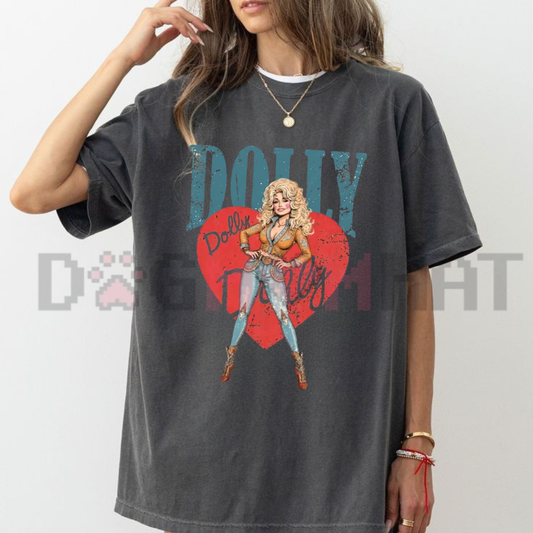 Front view of the Vintage Dolly Parton Comfort Colors T-Shirt showing the retro What Would Dolly Do tour graphic printed across the chest. - dogmomhat