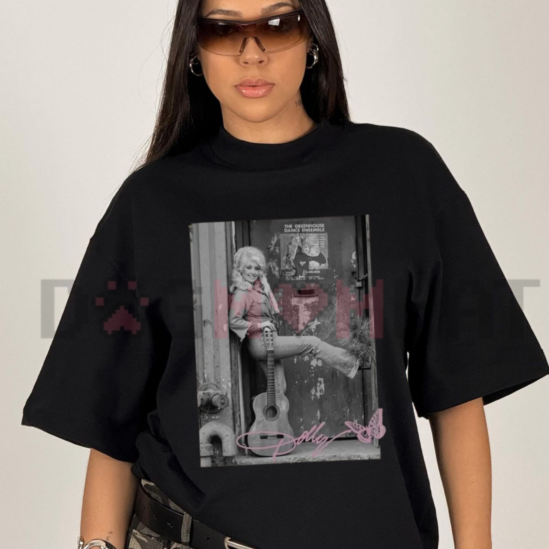 Front view of the Vintage Dolly Parton Retro T-Shirt showing the portrait graphic printed across the chest. - dogmomhat