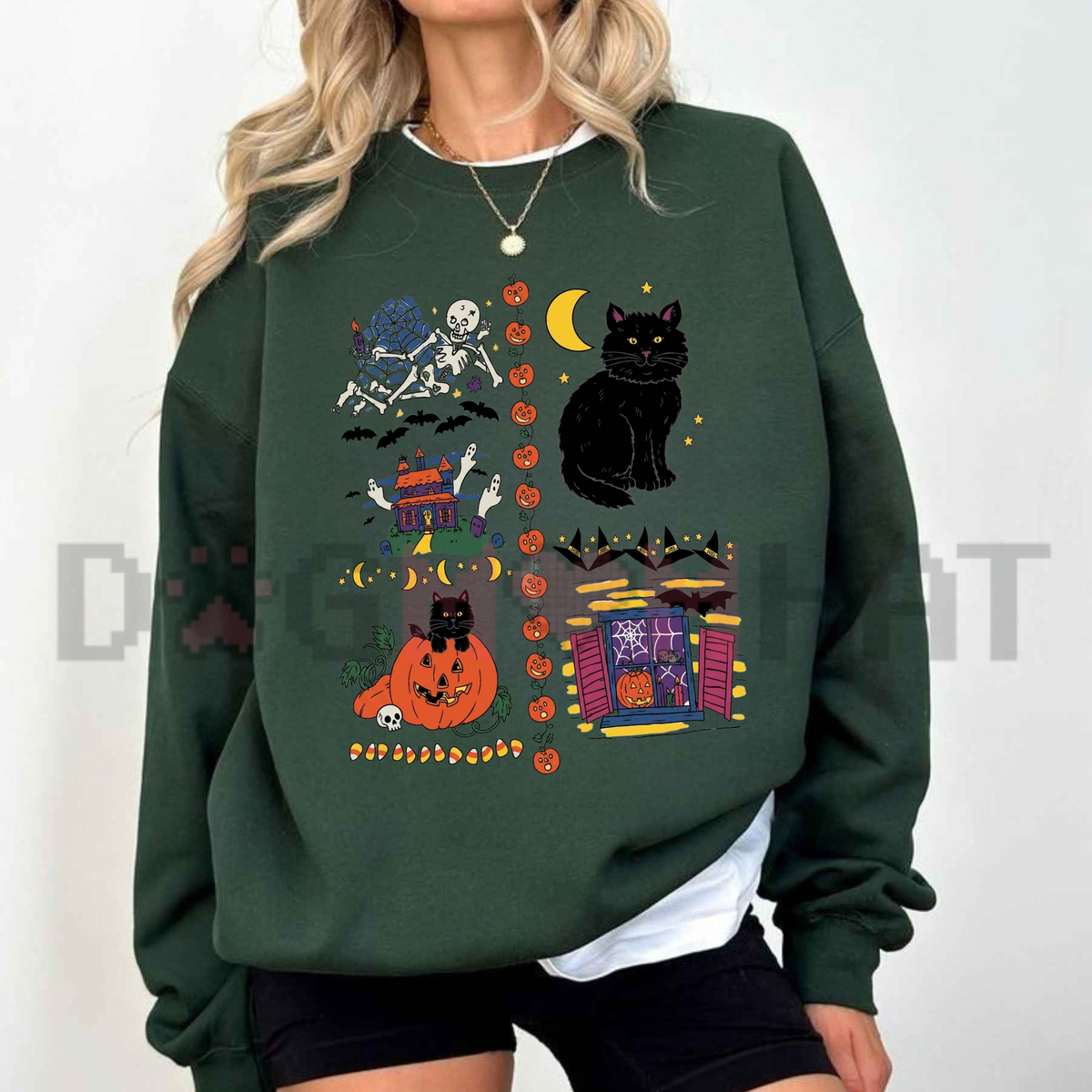 Front view of the Vintage Halloween Sweatshirt displaying retro haunted house, black cat, and pumpkin graphics printed across the chest of a cozy fleece crewneck. - dogmomhat