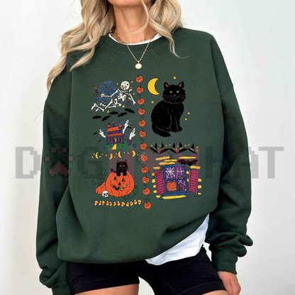 Front view of the Vintage Halloween Sweatshirt displaying retro haunted house, black cat, and pumpkin graphics printed across the chest of a cozy fleece crewneck. - dogmomhat