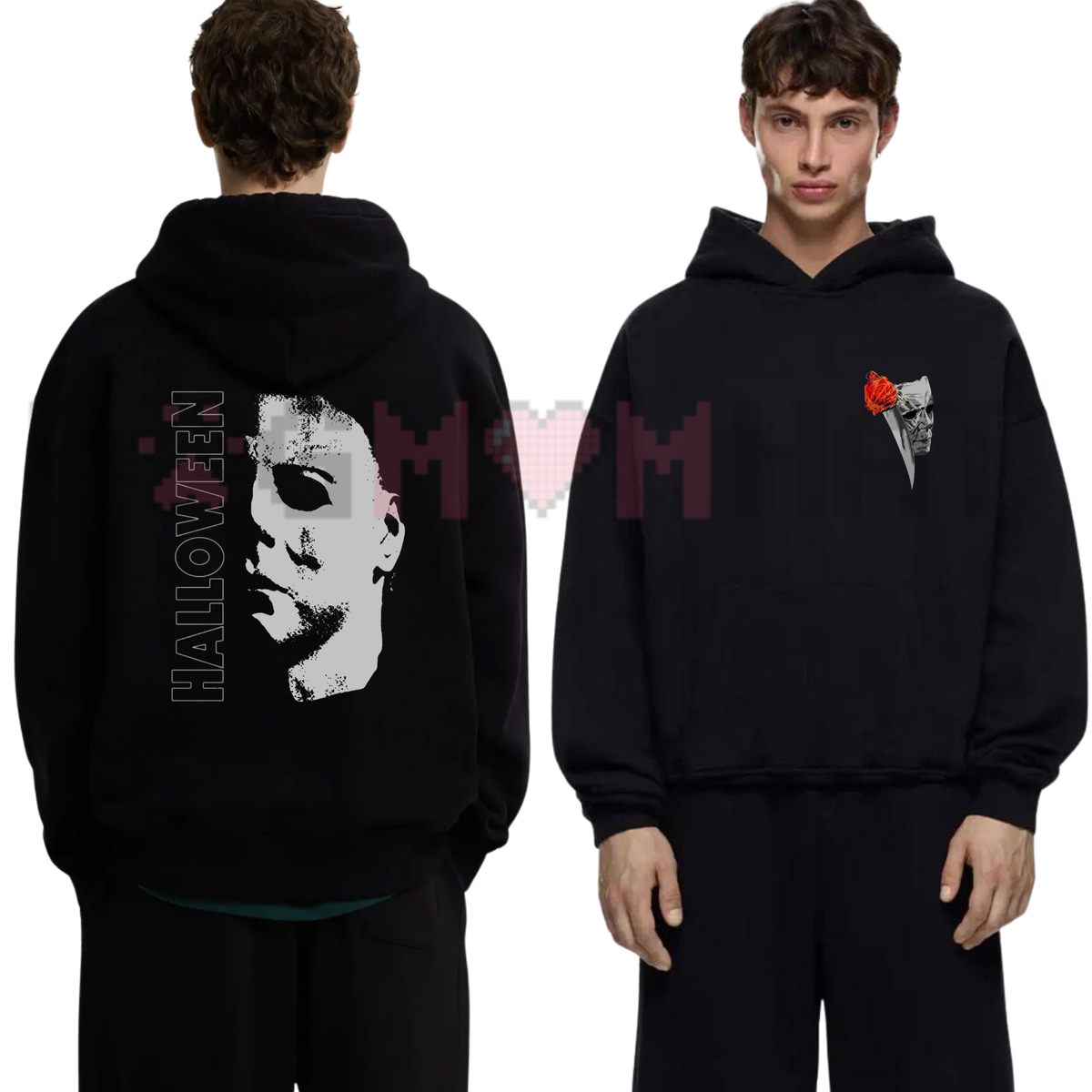Front view of the Vintage Horror Icon Halloween Graphic Hoodie displaying retro slasher mask artwork printed across the chest. - dogmomhat