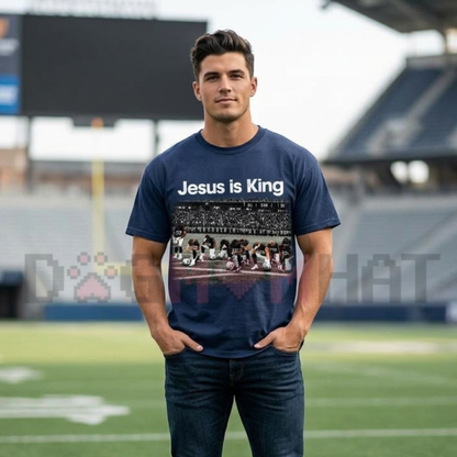 Front view of the Vintage Jesus Is King Praying Football T-Shirt displaying retro silver helmet and praying hands graphics printed across the chest. - dogmomhat