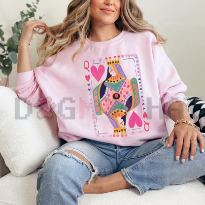 Front view of the Vintage Queen Of Hearts Graphic Sweatshirt showing the playing card portrait printed across the chest. - dogmomhat
