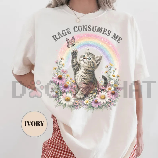 Front view of the Vintage Rage Consumes Me T-Shirt showing the ironic floral kitten and rainbow graphic printed across the chest. - dogmomhat