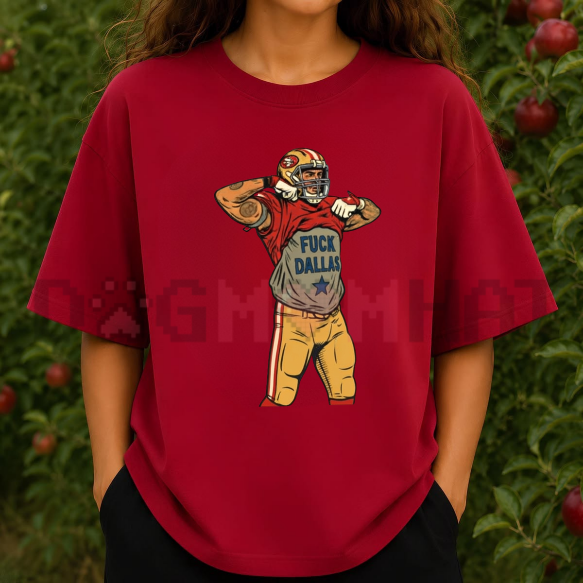 Front view of the Vintage San Francisco Football T-Shirt displaying retro comic action football player artwork printed across the chest. - dogmomaht
