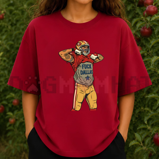 Front view of the Vintage San Francisco Football T-Shirt displaying retro comic action football player artwork printed across the chest. - dogmomaht