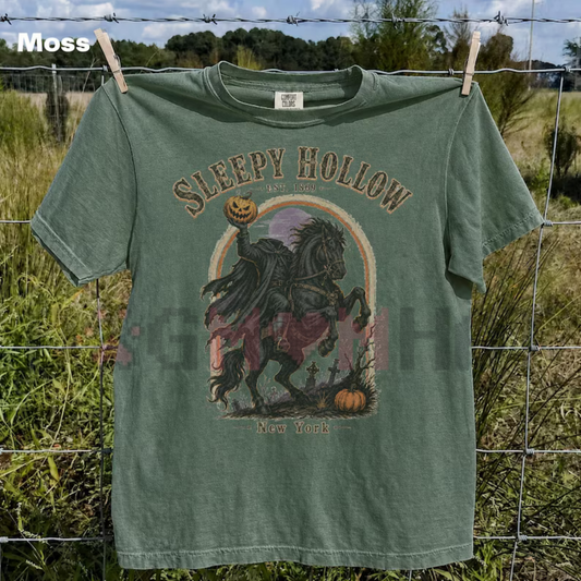 Front view of the Vintage Sleepy Hollow Comfort Colors T-Shirt showing the Headless Horseman graphic printed across the chest. - dogmomhat